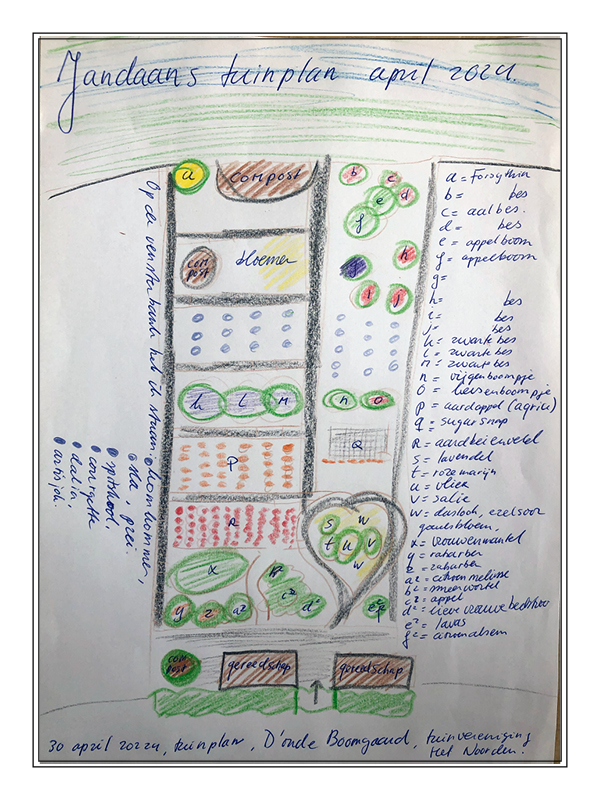 Illustratie van mijn tuinplan met ingedeelde bedden voor verschillende gewassen, paden en labels voor planten. Het tuinplan toont een georganiseerde indeling van de tuin en dient als een visuele gids voor het plannen en beheren van een tuin.